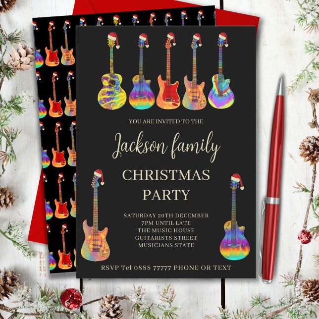 Music Themed Family Christmas Party Invitation (Music themed family christmas party invitation with cool colorful guitars wearing Santa hats)