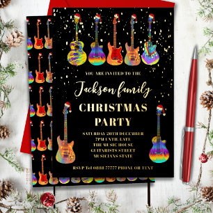 Music Themed Guitar Christmas Party Black Gold Foil Holiday Card