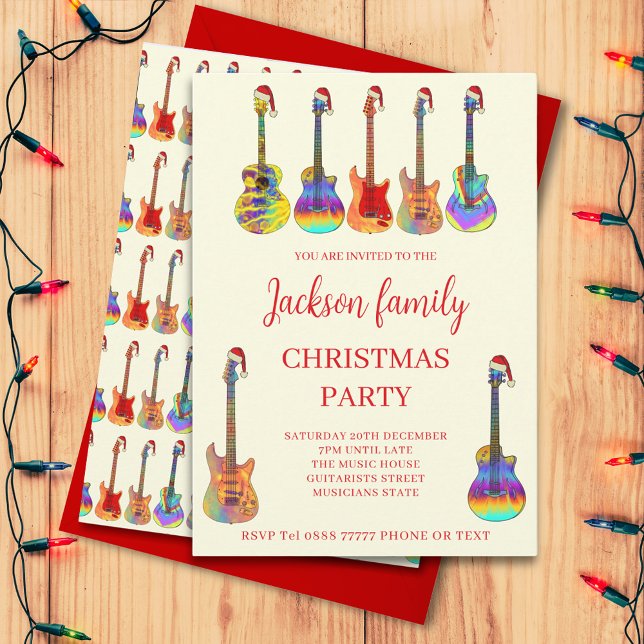 Music Themed Guitar Christmas Party Invitation (music themed family Christmas party invitation with cool colorful guitars wearing Santa hats)