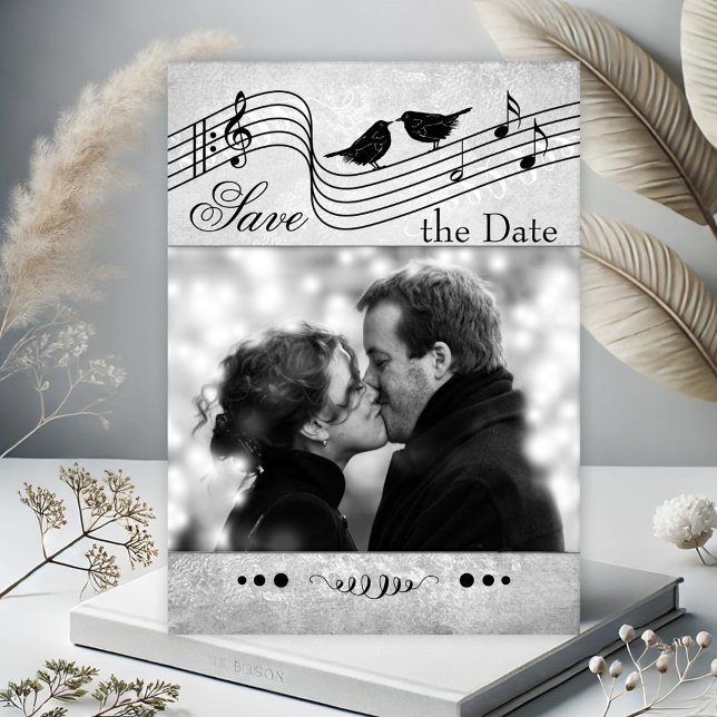 Music Themed Photo Save the Date Card (Photo Save the Date card with a music themed design in black and white with musical notes and birds)