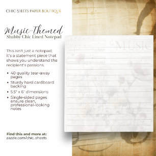 Music-Themed Shabby Chic Lined Notepad