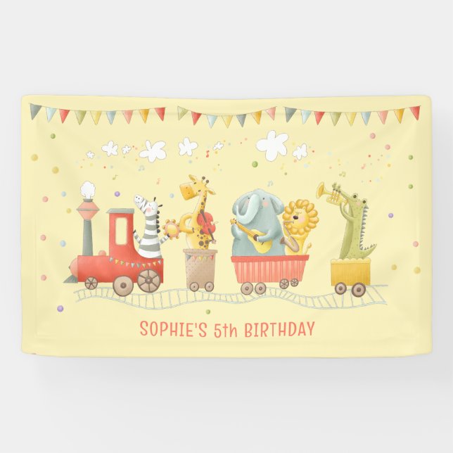 Music train with wild animals kids birthday banner (Horizontal)