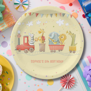 Music train with wild animals kids birthday paper plate
