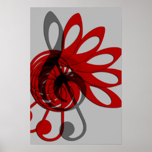 Music Treble Clef Abstract in Grey Red and Black Poster