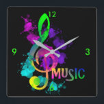Music Treble Clef Rainbow Colours Paint Splatter Square Wall Clock<br><div class="desc">A fun and colourful design with a treble clef music note in in bright rainbow popping colours done in an artistic paint splatter style,  very cool and trendy and just pops on the black background. Fabulous modern  decorative wall clock.</div>