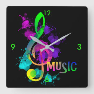 Music Treble Clef Rainbow Colours Paint Splatter Square Wall Clock