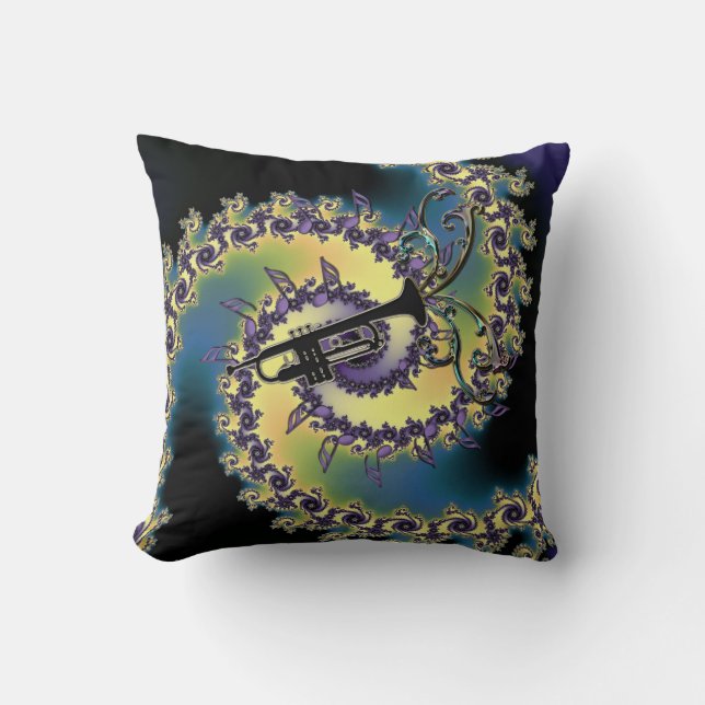 Music Trumpet and Notes Fractal Swirl Pillow (Front)