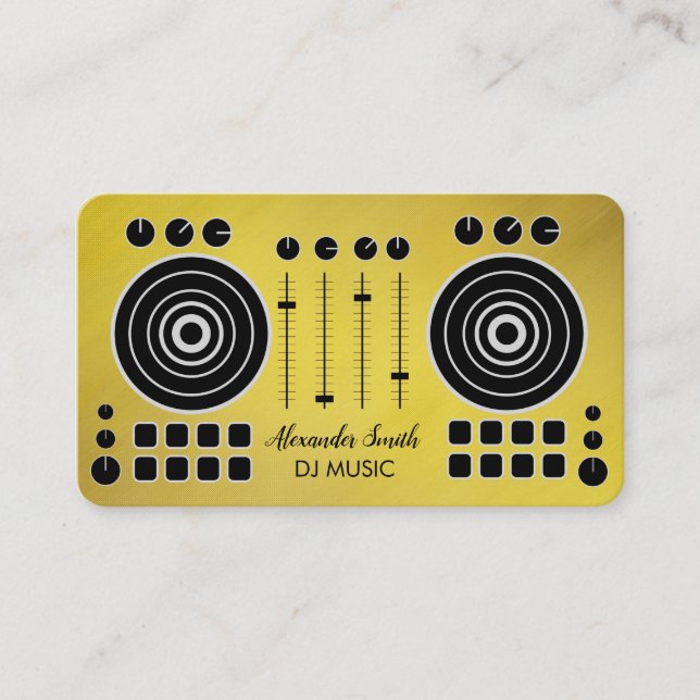 Music Turntable Black and Gold DJ Player Business Card (Front)