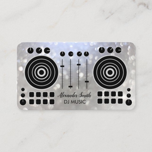 Music Turntable Black and Silver White DJ Player   Business Card (Front)