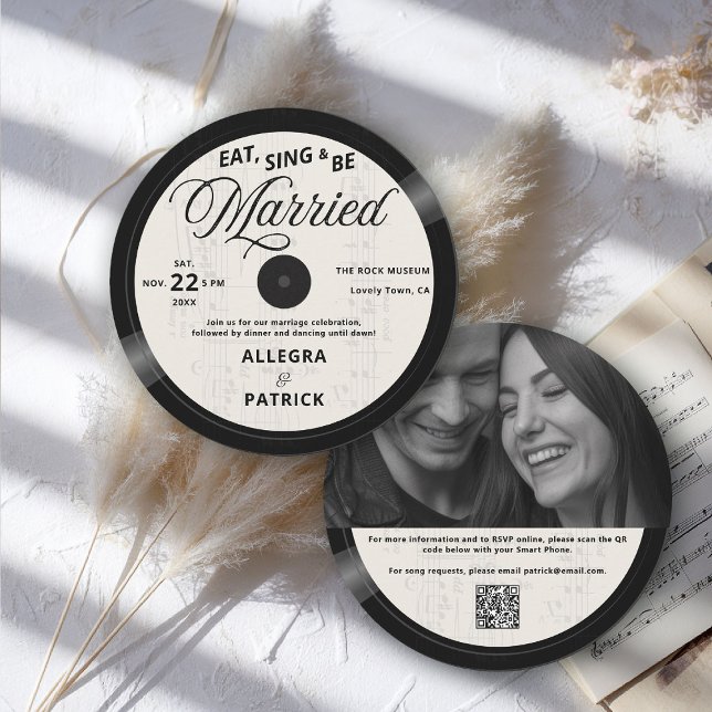 Music Vinyl Ivory Black All One Photo QR Wedding Invitation (music theme wedding invitation rock vinyl record black white partition photo qr code all one musical)