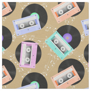 Music Vinyl Records and Cassette Tapes on Beige Fabric
