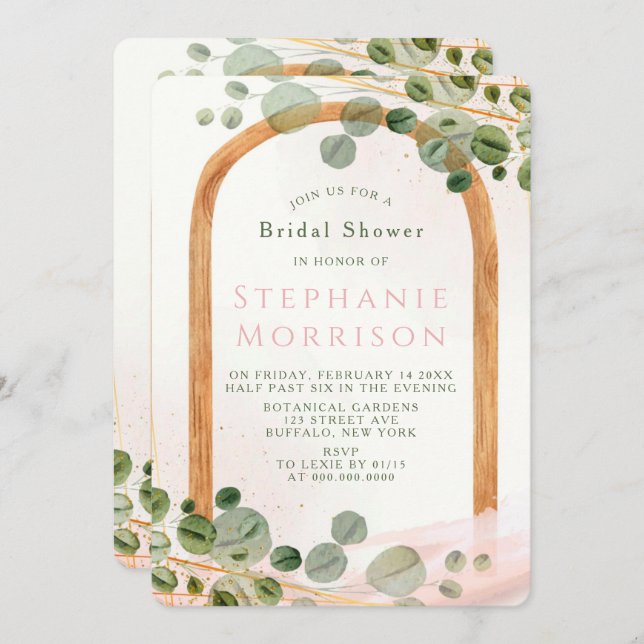 Music Wooden Arch Eucalyptus Pink Bridal Shower Invitation (Front/Back)
