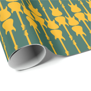 Music Yellow Gold Electric Guitar Stripes, Green Wrapping Paper