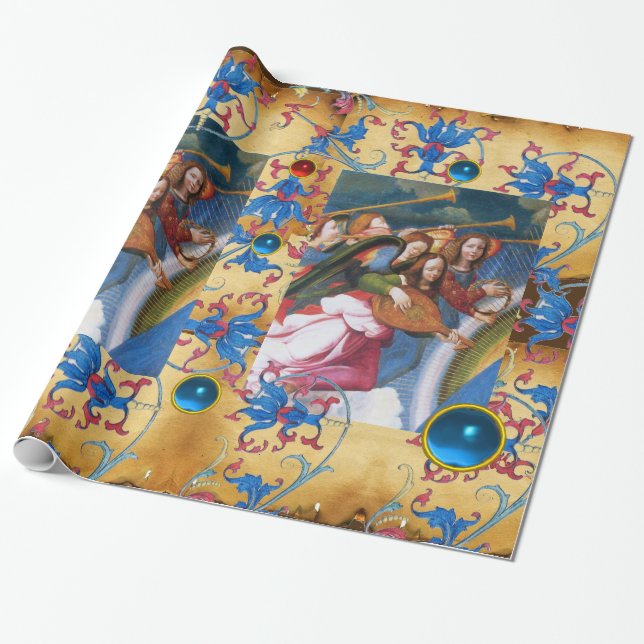 MUSICAL ANGELS PARCHMENT,RED BLUE FLOWERS,GEMS WRAPPING PAPER (Unrolled)