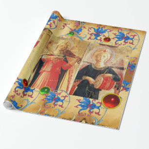 MUSICAL ANGELS PARCHMENT,RED BLUE FLOWERS,GEMS WRAPPING PAPER