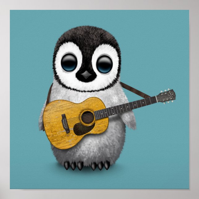 Musical Baby Penguin Playing Guitar Blue Poster (Front)