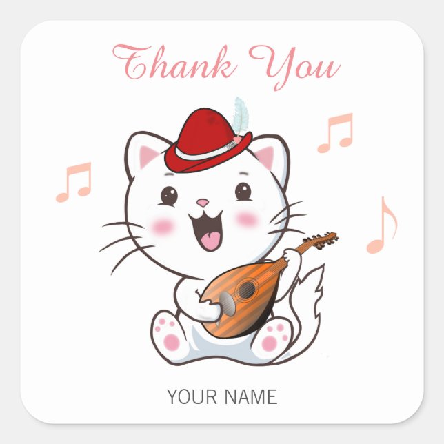 Musical Bard Cat with Mandolin Thank You Square Sticker (Front)