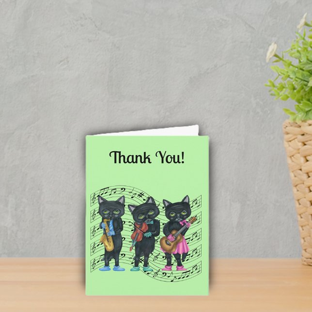 Musical Black Cats Music Notes Instruments Green (Black Cat musicians on sheet music instruments colourful clothes on green Thank You card.)