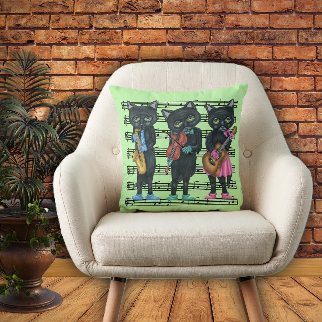Musical Black Cats Playing Instruments Sheet Music Cushion (Musical Black cats playing instruments colourful clothes sheet music notes on green throw pillow.)