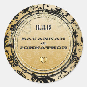 Musical Black & Gold Vintage Damask Weddings Classic Round Sticker