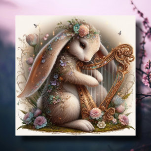 Musical Bunny Flowers Fantasy Art Easter Holiday Card