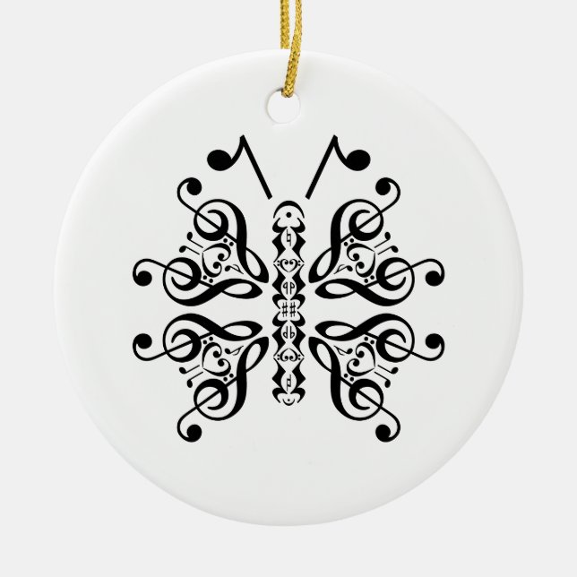 Musical Butterfly Music Note Scroll Design Ceramic Ornament (Front)