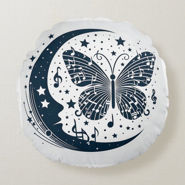 Musical Butterfly with Moon – Unique Round Cushion (Front)