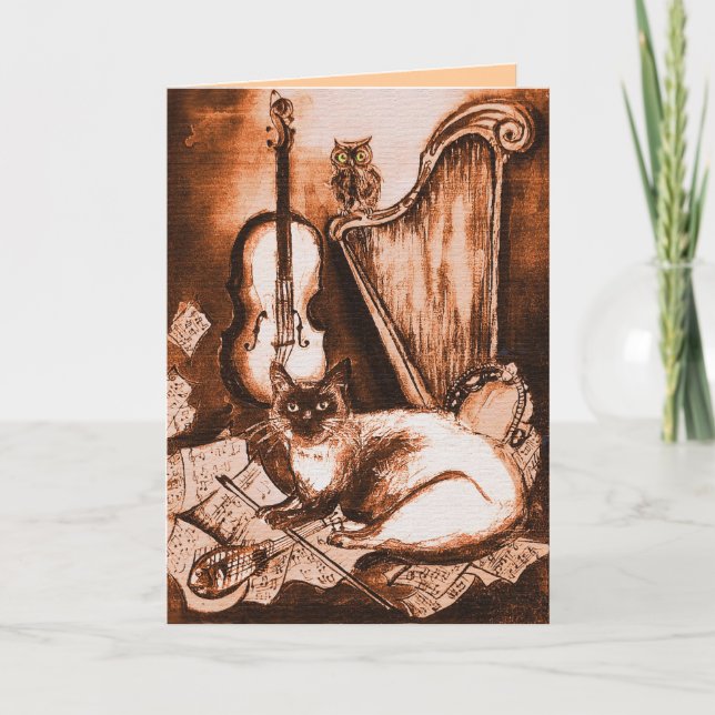 MUSICAL CAT AND OWL ,Brown and White Holiday Card (Front)