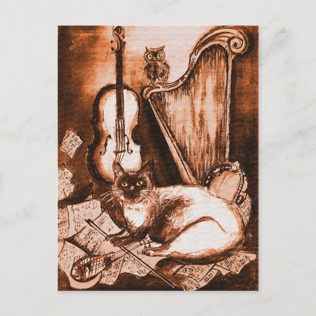 MUSICAL CAT AND OWL ,Brown and White Postcard (Front)