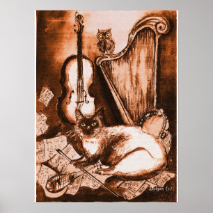 MUSICAL CAT AND OWL ,Brown and White Poster