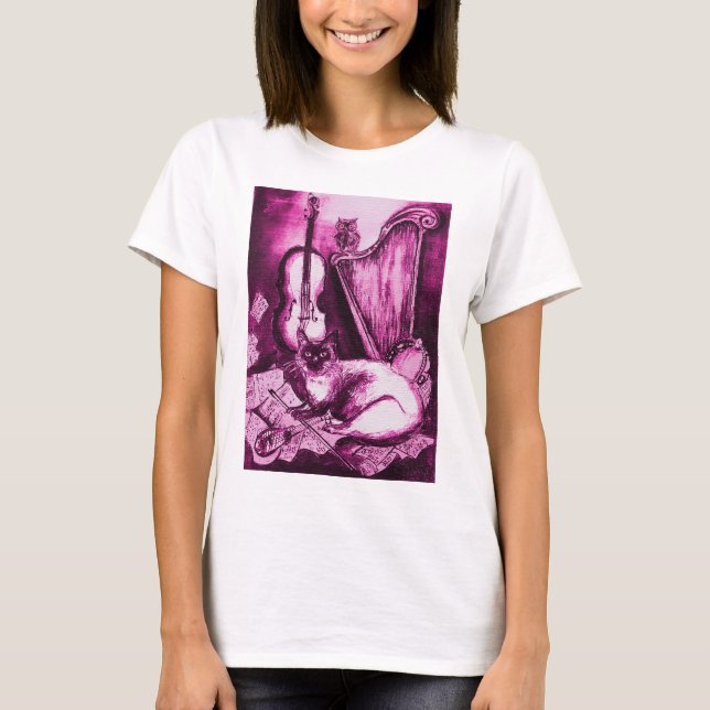 MUSICAL CAT AND OWL  Pink Fuchsia Purple White T-Shirt (Front)