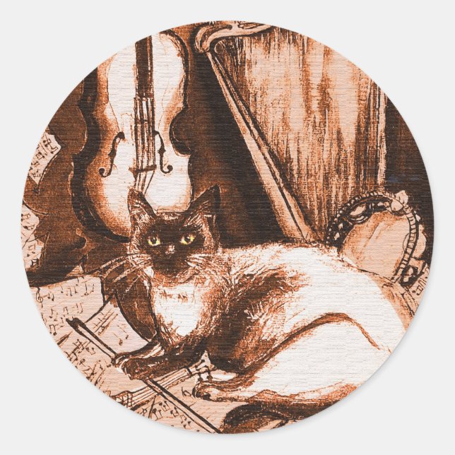 MUSICAL CAT ,Brown and White Classic Round Sticker (Front)