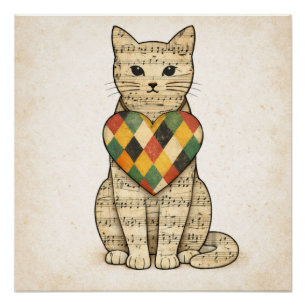 Musical Cat Collage with Harlequin Heart Poster