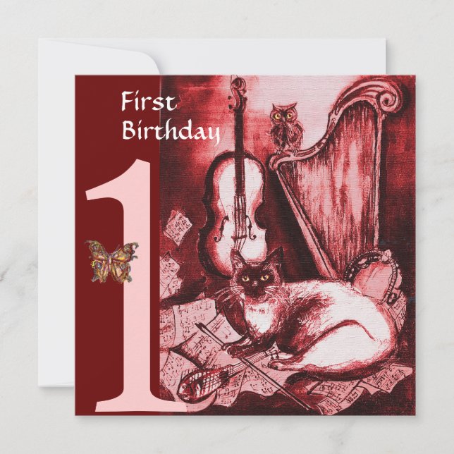MUSICAL CAT First Birthday Party, Red and White Invitation (Front)