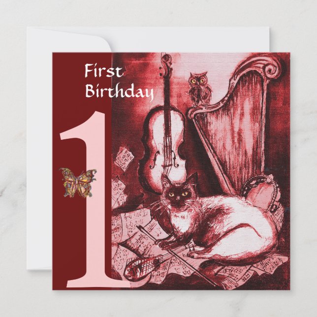 MUSICAL CAT First Birthday Party, Red Silver Invitation (Front)