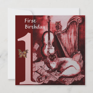 MUSICAL CAT First Birthday Party, Red Silver Invitation