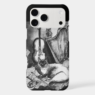MUSICAL CAT,OWL,VIOLIN,HARP Black White Grey Music