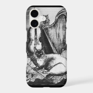 MUSICAL CAT,OWL,VIOLIN,HARP Black White Grey Music