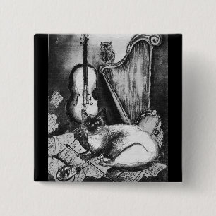 MUSICAL CAT,OWL,VIOLIN,HARP Black White Grey Music 15 Cm Square Badge