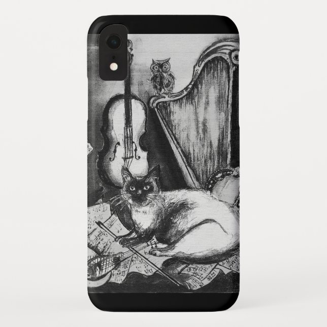 MUSICAL CAT,OWL,VIOLIN,HARP Black White Grey Music Case-Mate iPhone Case (Back)