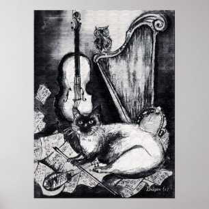 MUSICAL CAT,OWL,VIOLIN,HARP Black White Grey Music Poster