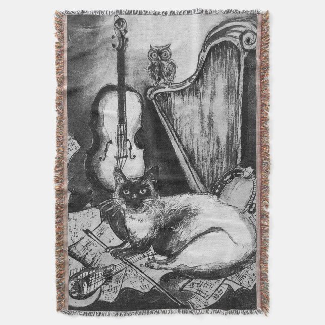 MUSICAL CAT,OWL,VIOLIN,HARP Black White Grey Music Throw Blanket (Front Vertical)