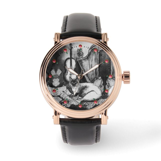 MUSICAL CAT,OWL,VIOLIN,HARP Black White Red Music Watch (Front)