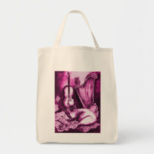 MUSICAL CAT , Pink Fuchsia Purple and White Tote Bag