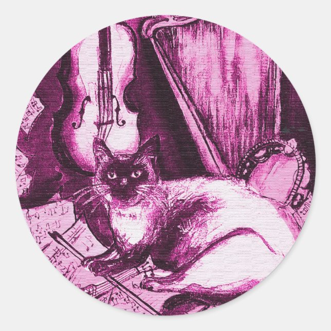 MUSICAL CAT ,Pink Purple Fuchsia and White Classic Round Sticker (Front)