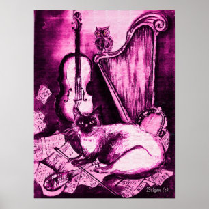 MUSICAL CAT ,PInk Violet and White Poster