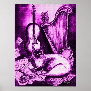 MUSICAL CAT ,Purple and White Poster