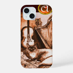 MUSICAL CAT WITH OWL IN BROWN SEPIA  GEM MONOGRAM iPhone 15 CASE