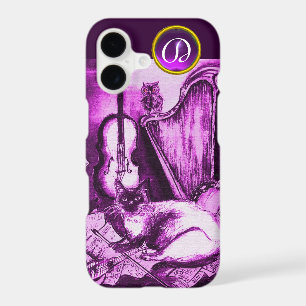 MUSICAL CAT WITH OWL IN PINK PURPLE GEM MONOGRAM