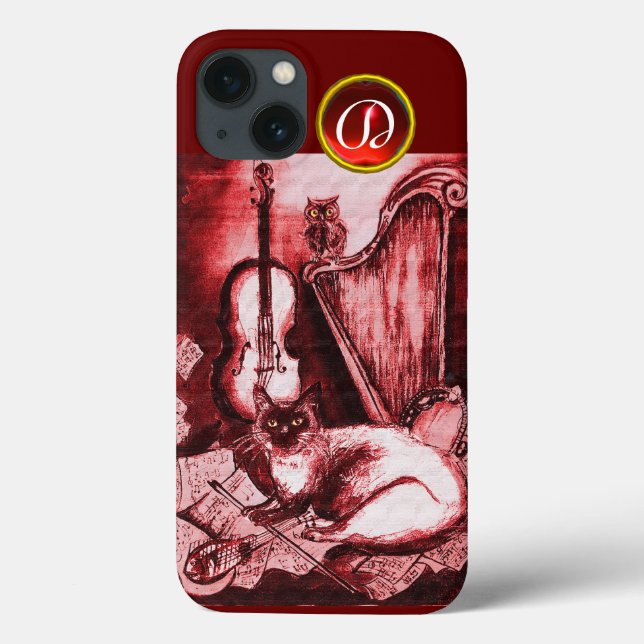 MUSICAL CAT WITH OWL IN RED RUBY GEM MONOGRAM Case-Mate iPhone CASE (Back)